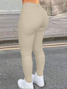 Apperloth A Plus Size Elastic Slant Pocket Skinny Pants, Suitable For Music Festivals - Apricot - View 3