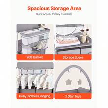Baby Changing Table, Foldable Diaper Change Station With 2 Fabric Drawers, Side Basket & Hanging Rod, Adjustable Height Portable Changing Table With Lockable Wheels & 2 Star Toys, Light Gray - 2 Fabric Drawers Light Grey - View 4
