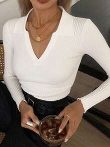 Solid Ribbed Knit Sweater,Long Sleeve Tops,Fall Clothes - White - View 5
