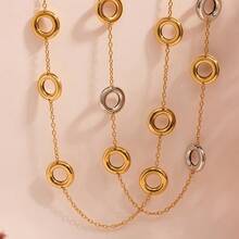 Autumn And Winter Versatile Stainless Steel Sweater Chain Large Circle Two-Tone Design European And American Simple Personality Long Non-Fading Sweater Coat Elegant Accessory - P932-鋼色項鍊81+5cm - 查看 2