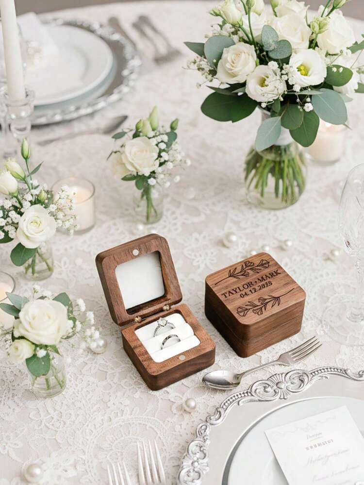 1 pieza Caja personalizada para anillos con 2 ranuras, Caja de anillos cuadrada de nogal, Caja personalizada para anillos de boda, Caja de anillos de compromiso tallada, Para anillos de boda, Caja de anillos de madera con grabado láser para propuesta, compromiso, aniversario, San Valentín, cumpleaños - Multicolor - Añade 8