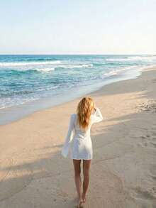 女士新款镂空性感沙滩度假休闲日常连衣裙，喇叭袖短款针织毛衣裙，春夏秋季 - 白色 - 查看 5