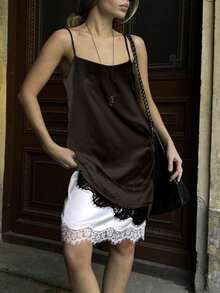 Women Lace Trim Top Sleeveless Backless Tank Tops - Coffee Brown - View 2