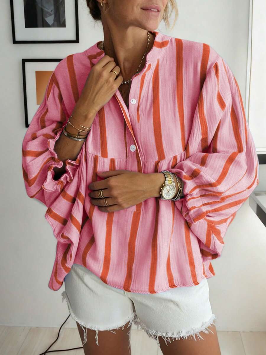 Spring/Summer Women's Casual Striped V-Neck Loose Shirt With Ruffle Sleeve Hem, Retro Minimalist Style, Suitable For Vacation, Commute, And Daily Wear - Pink - View 1