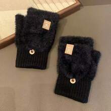 1 Pair Women's Flip-Top Fingerless White Fuzzy Gloves, Thick & Warm For Autumn/Winter, Suitable For Students Writing And Cycling, Thick Knitted Touchscreen Gloves+Winter Gear+Gloves Bear+Christmas