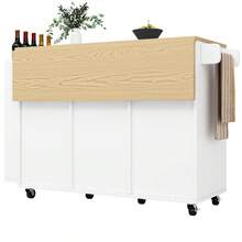 Kitchen Cabinet, Wood Grain Serving Cart, Kitchen Trolley With Wheels And Countertop, Kitchen Trolley With Spice Rack And Towel Rack, Kitchen Island With Sliding Doors And Drawers, White - White + MDF - View 8