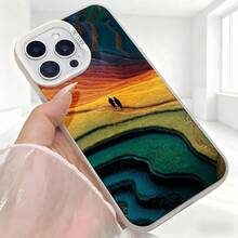 Cubierta de telefono con diseño de paisaje abstracto multicolor para iPhone 14 Pro Max  de proteccion resistente a golpes con impresion de caminantes en campo dorado y texto 80 000 para uso diario en cafeterias y viajes - Negro - Ver 5