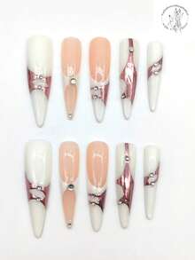 10 Pieces Of Pure Hand-Pressed Wearable Nail, 53mm Long Thin High-Heeled Nail, Pointed Nail, Beige Nail, Flesh-Colored Nail, Rose Gold Coloring, Rhinestone Embellishment. Cute Nail Film. Fake Nail Film. Nails - Multicolor - View 2