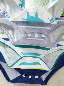 4pcs/Set Baby Boys' Cartoon Dinosaur & Wild Animal All-Over Print Round Neck Short Sleeve Bodysuit Outfit, Summer - Multicolor - View 9