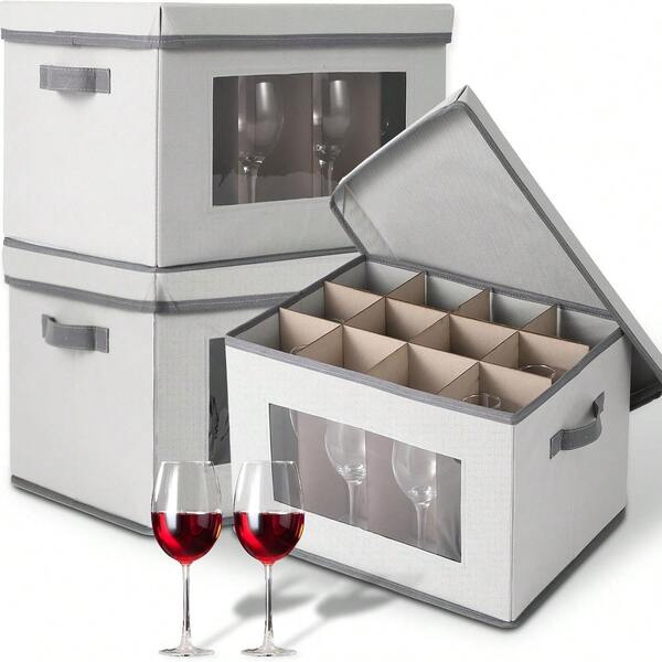Caja de almacenamiento para copas de vino, paquete de 3, estuches contenedores para copas con divisores, organizadores de copas de 12 compartimentos con tapa, asa y ventana transparente, para 36 copas de cristal de 10" de altura