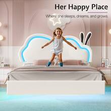 Floating Upholstered Bed Frame With LED Light, Cute Cloud Headboard For Girls, Sturdy Construction, Easy Assembly, No Box Spring Needed - 白色 - 查看 9