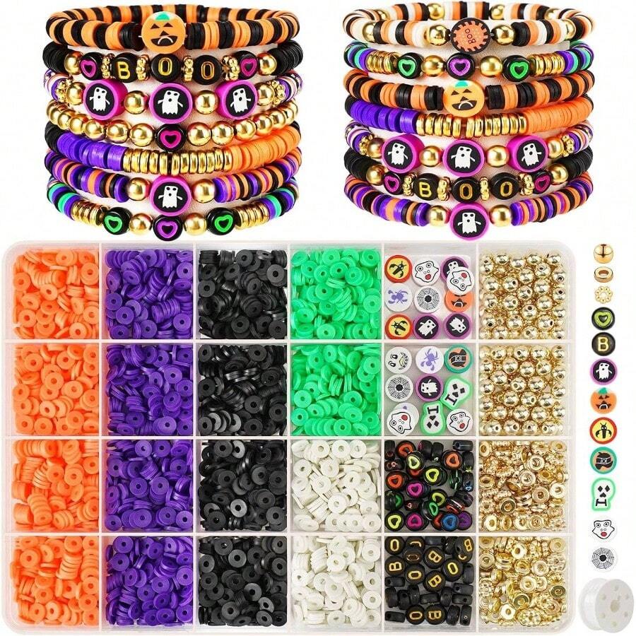 Beads Bracelets, Clay Beads Bracelat Making Kit Golden Beads Crafts Stocking Stuffers Decorations Charms Jewelry Making, Gifts Teen Age 6 - 12 - 萬聖節氛圍 - 查看 1