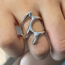 14件套复古时尚优雅高品质几何不对称纹理液态心形水滴交叉多层简约波浪金属粗戒套装，百搭日常、派对、女士礼物 - 銀色 - 查看 5