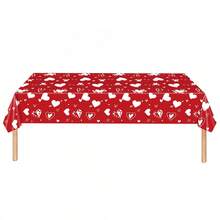 Valentine's Day Plastic Tablecloth Red Heart Disposable Romantic Rectangle Table Cloth For Dining Room - 紅色 - 查看 6