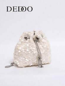 Dedoo Túi xách nữ kiểu dáng xô, dây đeo xích, họa tiết chần bông, mẫu mới năm 2024. - trắng - Xem 10