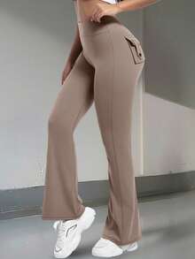 High Stretch Pants With Flared Leg Pockets For Fitness And Sports Leggings - 卡其色 - 查看 3