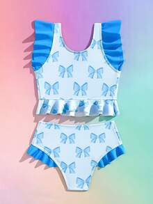 小女孩蝴蝶印花比基尼泳衣套装，浅蓝色 - 淺藍色 - 查看 3