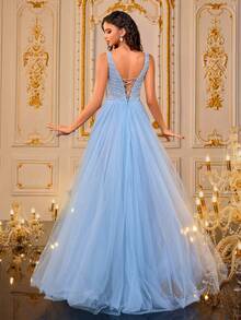 VIPGIRL New V-Neck Sleeveless Sequin Patchwork Elegant Mesh Formal Evening Gown, Flattering Leg Length - View 2