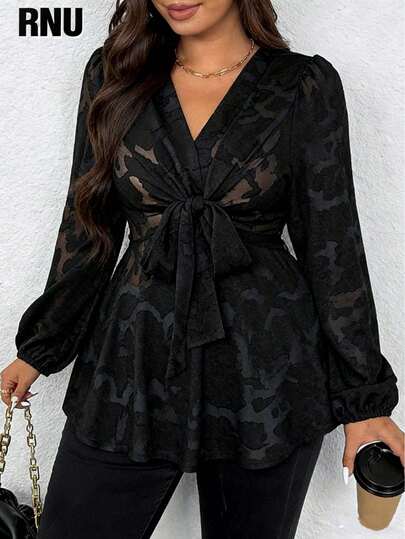 RNU Plus Size Women Elegant Casual Commuter Versatile Date Night Fashion Design Textured Solid Fabric Sheer Chiffon Details High-End Front Tie Design Ruffle Cuff High-End Women Commuter Women Outing Versatile Work Fashion Item Christmas New Year Back To School Party Gathering Versatile Fashion Design Blouse