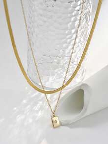 Nooxian 2 piezas Collar colgante de doble capa con cuchilla de acero inoxidable, cadena cuadrada de cobre con micro-incrustación de circonita brillante - Amarillo Oro - Ver 4