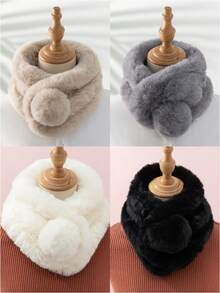 1pc Women's Classic Faux Fur Scarf With 3 Pompoms, Warm And Cute For Autumn/Winter