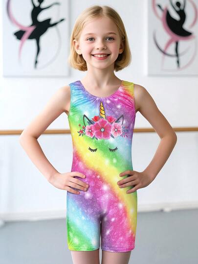 女童体操紧身衣短裤，数码烫金印花，适合练习和比赛舞蹈