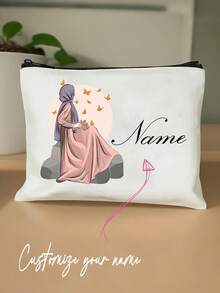 定制姓名穆斯林宗教人物复古粉色头巾和发光蝴蝶设计白色涤纶化妆包 - 大容量轻便拉链旅行洗漱包，男女通用成人礼物，适合开斋节、斋月、节日、个人护理包，宗教象征意义，耐用拉链，可定制文字。