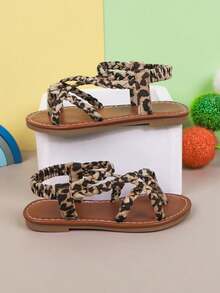 1 Pair Girls Leopard Print PU Non-Slip Round Toe Flat Casual Cute Princess Sandals, Suitable For Summer