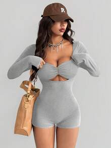 AITYI Studio 女士连体裤，休闲日常镂空金属装饰性感时尚户外装，适合毕业季、返校季、圣诞节、秋冬季穿着，弹力针织长袖短裤，合身舒适 - 花灰 - 查看 3