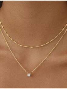 Tsnamer 女士多层金项链 时尚14K镀金心形CZ吊坠 多层金项链套装 硬币项链 简约圆形立方氧化锆珍珠项链 多层人字纹夹链首饰套装 - 2件套裝 - 查看 7