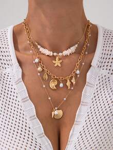 4pcs Women's Vintage Creative Elegant Fashion Metal Flower Decor Baroque Faux Pearl Necklace Set, Ocean Style Starfish Pendant Multilayer Necklace Set - Yellow Gold - View 13