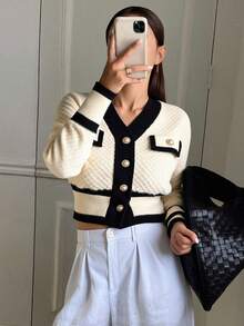 Livesso 撞色滚边纽扣开襟羊毛衫，长袖上衣，秋季女装 - 杏色 - 查看 2