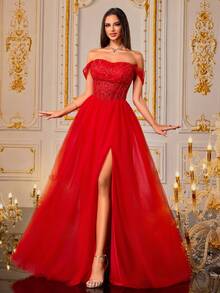 VIPGIRL New Red Off-Shoulder Fishbone Sequin Contrast Mesh Elegant Waist-Flattering Women's Formal Evening Gown - Red - View 4