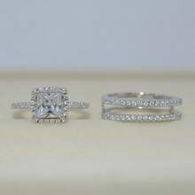 2Pcs Luxury Women's Fashion 925 Silver Plated Zirconia Wedding Ring Set Wedding Band Anniversary Gift Party Valentine's Day Engagement Women Jewelry Size 4-11# - 銀色 - 查看 1