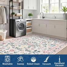 Meiyiu Washable Runner Rug 2x6/5x7/8x10/9x12/10x13ft Non-Slip Non-Shedding Soft Vintage Bedside Rug, Low Pile Farmhouse Floral Carpet, Indoor Foldable Printed Entryway Rug For Hallway Kitchen - Pink-5*7FT - 查看 5