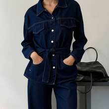 DAZY 秋冬新款宽松休闲做旧水洗收腰女式牛仔套装 - 藍色 - 查看 9