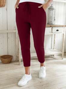 CURVE+ 大码女式柔软弹力紧身裤，带口袋，适合通勤和圣诞节穿着，可作打底裤，情人节春季必备 - 酒紅色 - 查看 5