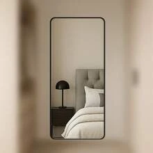 Rounded Rectangular Mirror 110x50 Genuine Leather Black Caramel And Ice - 黑色 - 查看 8