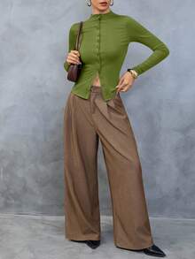 Women's Elegant Button-Up Casual Solid Color Vintage Slim Fit Sexy Top T-Shirt - Green - View 4