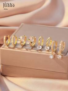 Hihho 8 件/套经典花形水晶耳钉，搭配闪亮锆石耳圈，优雅女士珠宝套装，非常适合日常佩戴和节日派对礼物 - 金黃色 - 查看 9