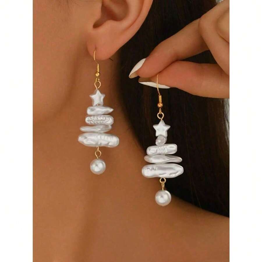 2pcs Elegant Pearl Christmas Tree & Star Design Earrings, Baroque Pearl Style, Versatile For All Occasions, Holiday Gift Choice Christmas Decorations Home Christmas Gifts Christmas Decor - Multicolor - Ver 1