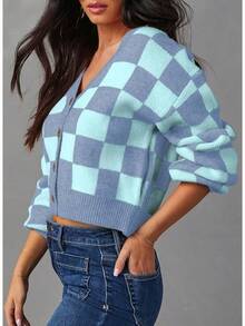 Women's Checkered Button Down Long Sleeve Knit Cropped Cardigan Sweater Tops, Style - Sky Blue - View 4