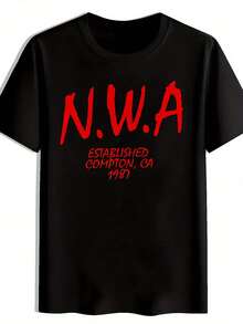 T-shirt graphique N.W.A pour hommes, fondé en 1986 - noir avec lettrage rouge, col rond, manches courtes, chemise décontractée d'été, coupe régulière, lavable en machine, porter au quotidien, tissu respirant - Noir - Voir 1