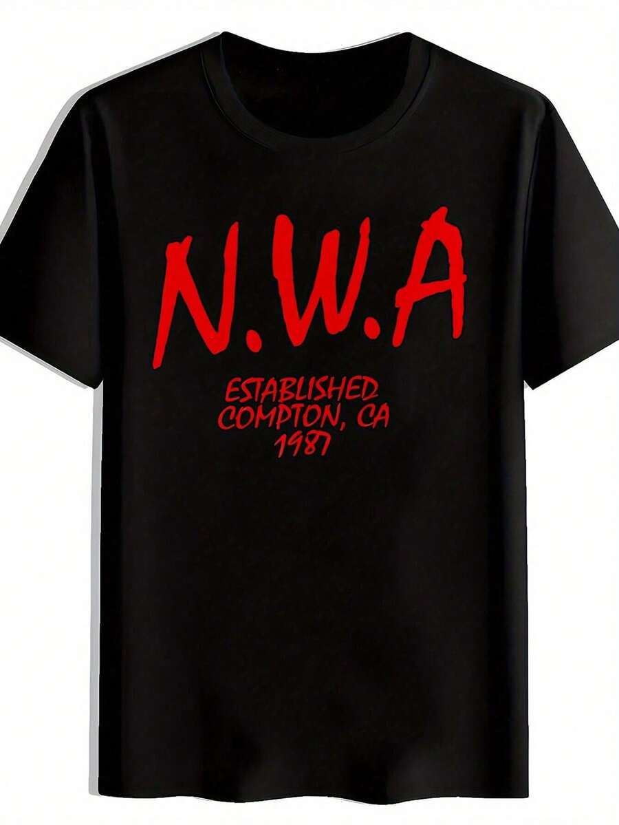 T-shirt graphique N.W.A pour hommes, fondé en 1986 - noir avec lettrage rouge, col rond, manches courtes, chemise décontractée d'été, coupe régulière, lavable en machine, porter au quotidien, tissu respirant - Noir - Voir 1