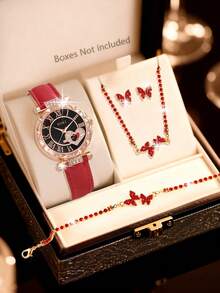 SOKI SOKI Fashionable & Elegant Butterfly Pendant Necklace, Earrings And Bracelet Set, Paired With A Heart Pattern Round Quartz Watch. Suitable For Personal Use Or Gift-Giving. No Gift Box Included. - Red - View 3
