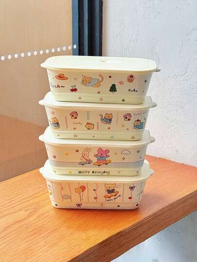 1 pieza Caja de almuerzo dividida de cerámica (con tapa), tazón de aperitivos con lindo diseño de dibujos animados, plato de aperitivos para el hogar, caja de almuerzo dividida y adorable con dibujos animados, adecuada para la escuela, dormitorio, oficina, caja de almuerzo, multifuncional, fácil de limpiar, regalo, de vuelta a la escuela