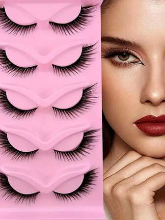 5 Pairs False Eyelashes Cat Eye Look Eyelashes Natural Look 8D Fluffy Faux Mink Eyelashes Enhance Your Eyes