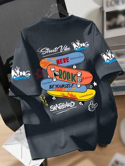 Teenage Boys' Skateboard Print Round Neck T-Shirt, Casual Soft Top For Summer