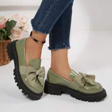Geeyea Ladies' Black Patent Leather Thick Sole 4.5cm Round Bow Thick Sole Casual Loafers Casual Fashion Retro Shoes Back To School Season - màu xanh lá - Xem 4