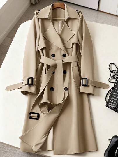 Women's Versatile Elegant Autumn/Winter Trench Coat, Fashionable Commuter Casual Long Windbreaker Jacket, British Style Midi Coat